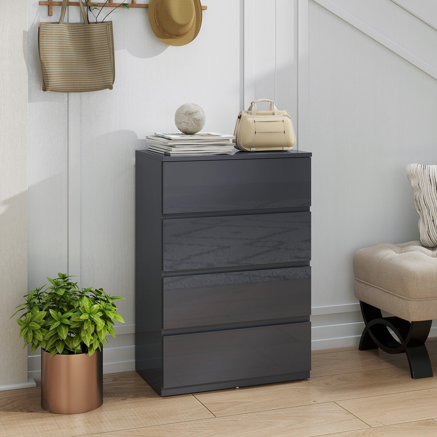 AI62 Decor High Gloss 4-Drawer Chest – Grey Bedroom Dresser
