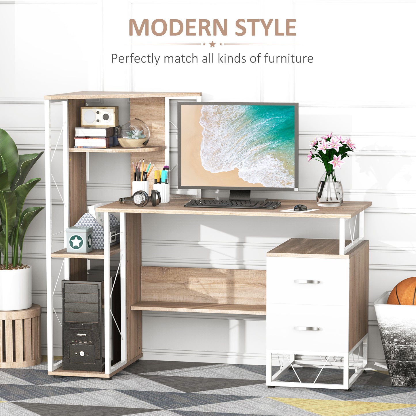 AI62 Decor Oak Computer Desk with Drawers & Bookshelf – Home Office Workstation