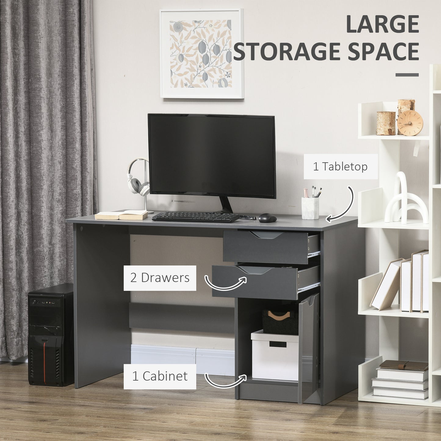 AI62 Decor Computer Desk With Drawers, High Gloss Home Office Desk With Storage Cabinet, Study Workstation, 120 X 60cm, Grey