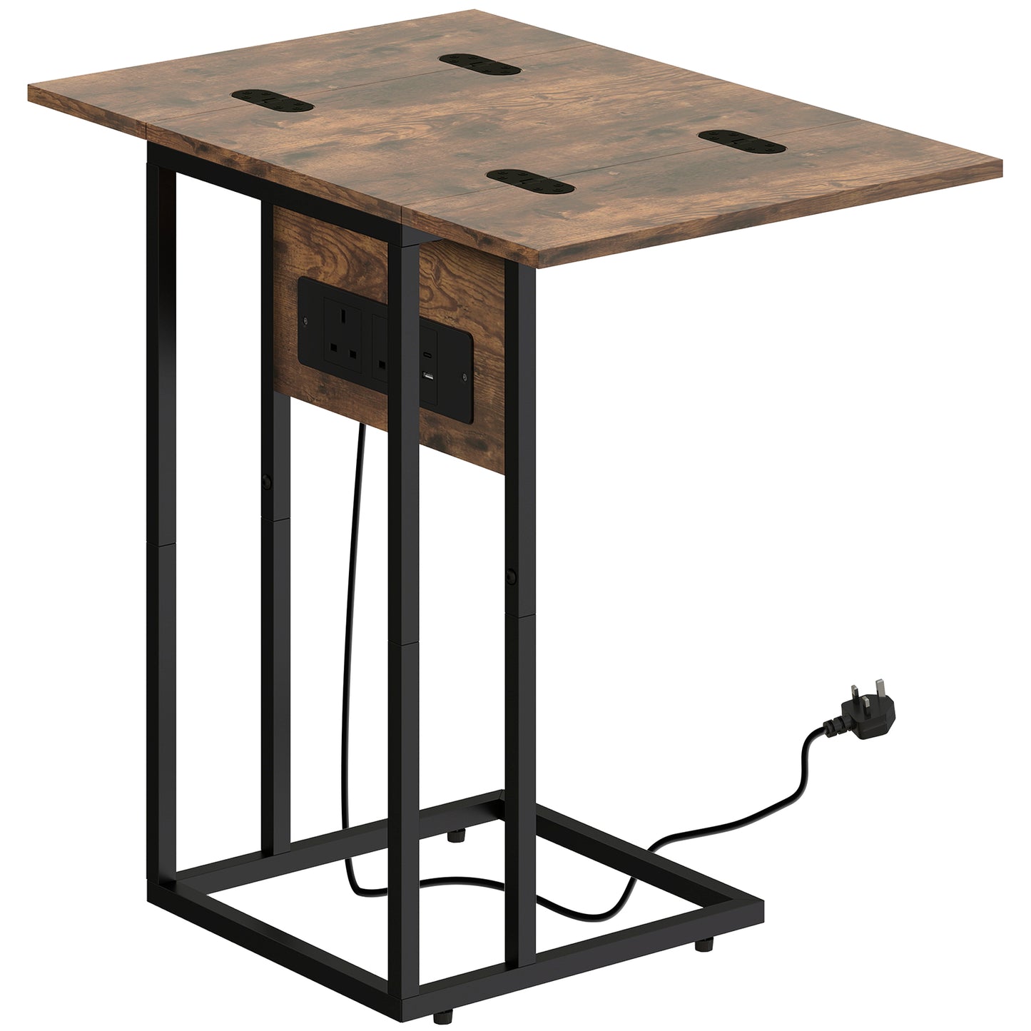 AI62 Decor C Shaped Side Table With Charging Station And Foldable Top - Rustic Brown