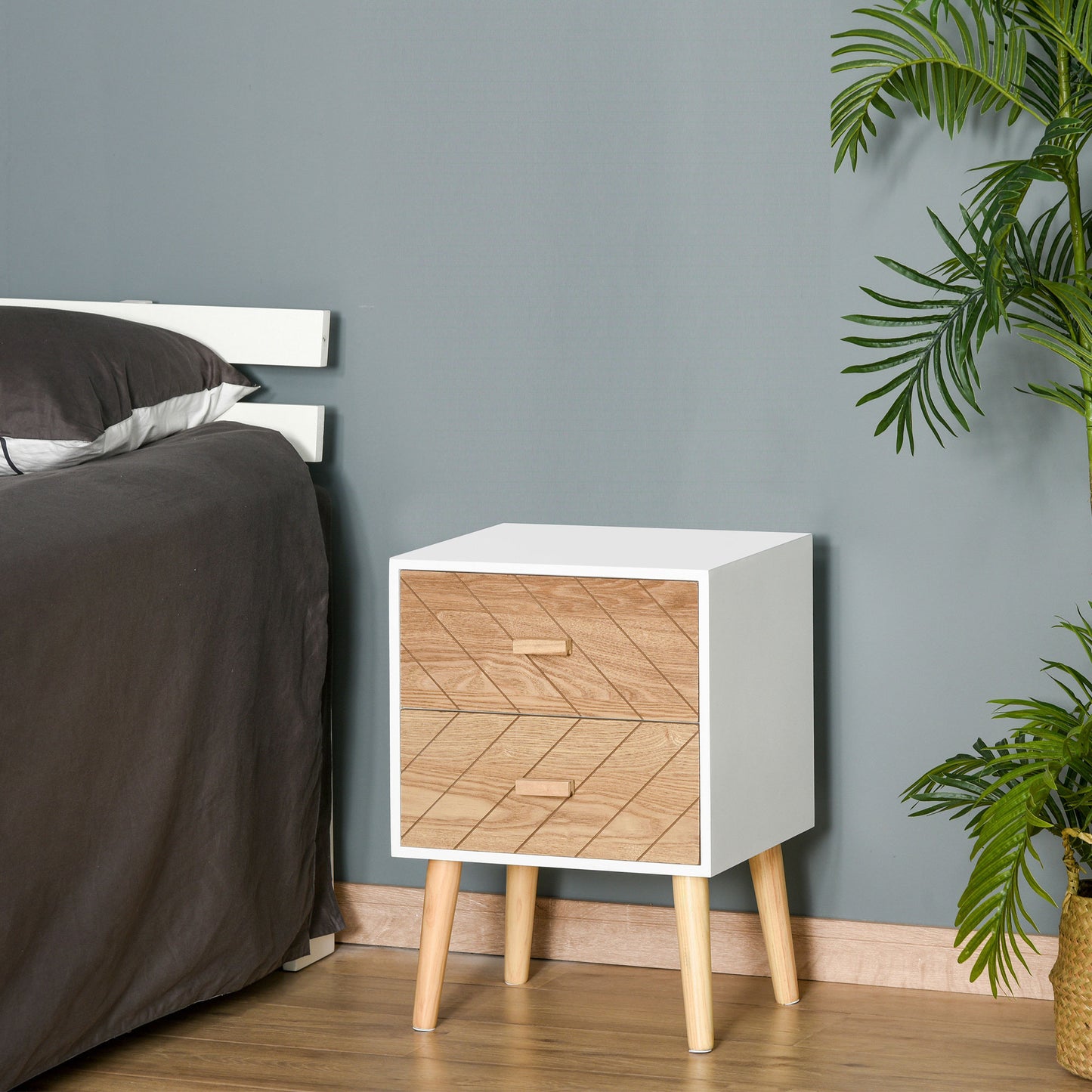 AI62 Decor 2Wooden Bedside Table with Drawers & Pine Legs, Natural