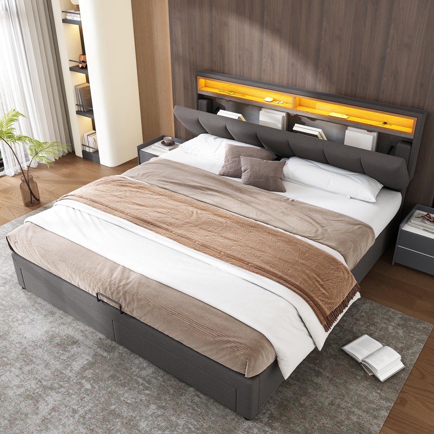 AI62 Decor LED King Size Bed with Storage & Foam Headboard - Grey