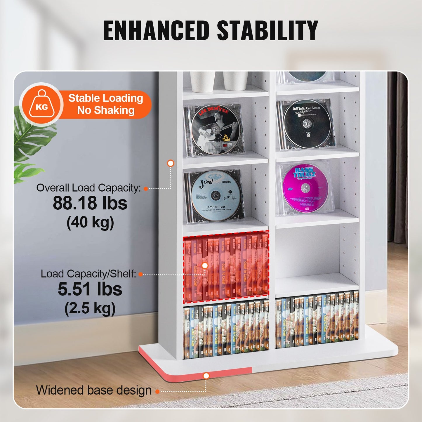 AI62 Decor White Media Storage Cabinet with Adjustable Shelves – 8-Tier CD/DVD Unit (Holds 464 CDs)