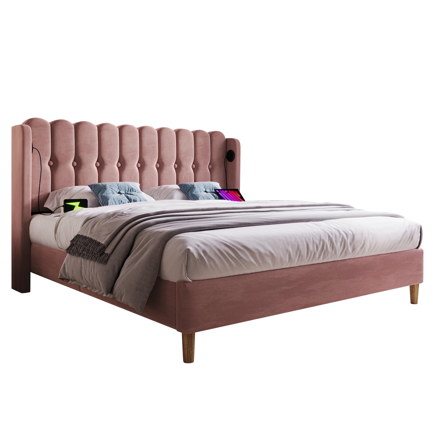 AI62 Decor Pink Velvet Double Bed 135x190cm with Charging Ports