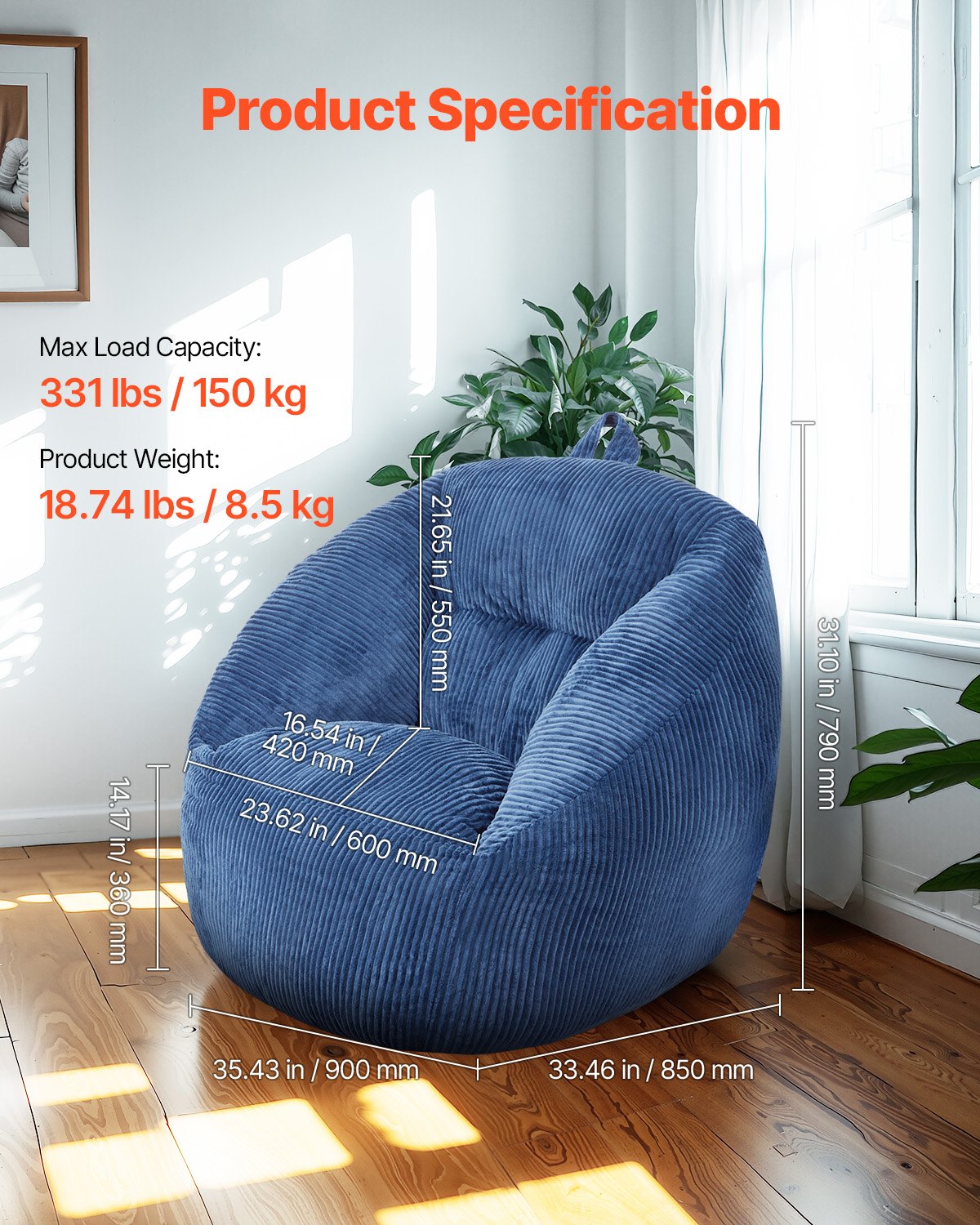 AI62 Decor Teddy Velvet Memory Foam Bean Bag Chair – Blue