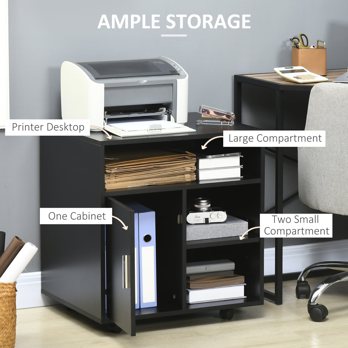 AI62 Decor Mobile Printer Stand with Storage & Wheels – Black (60x50x65.5 cm)