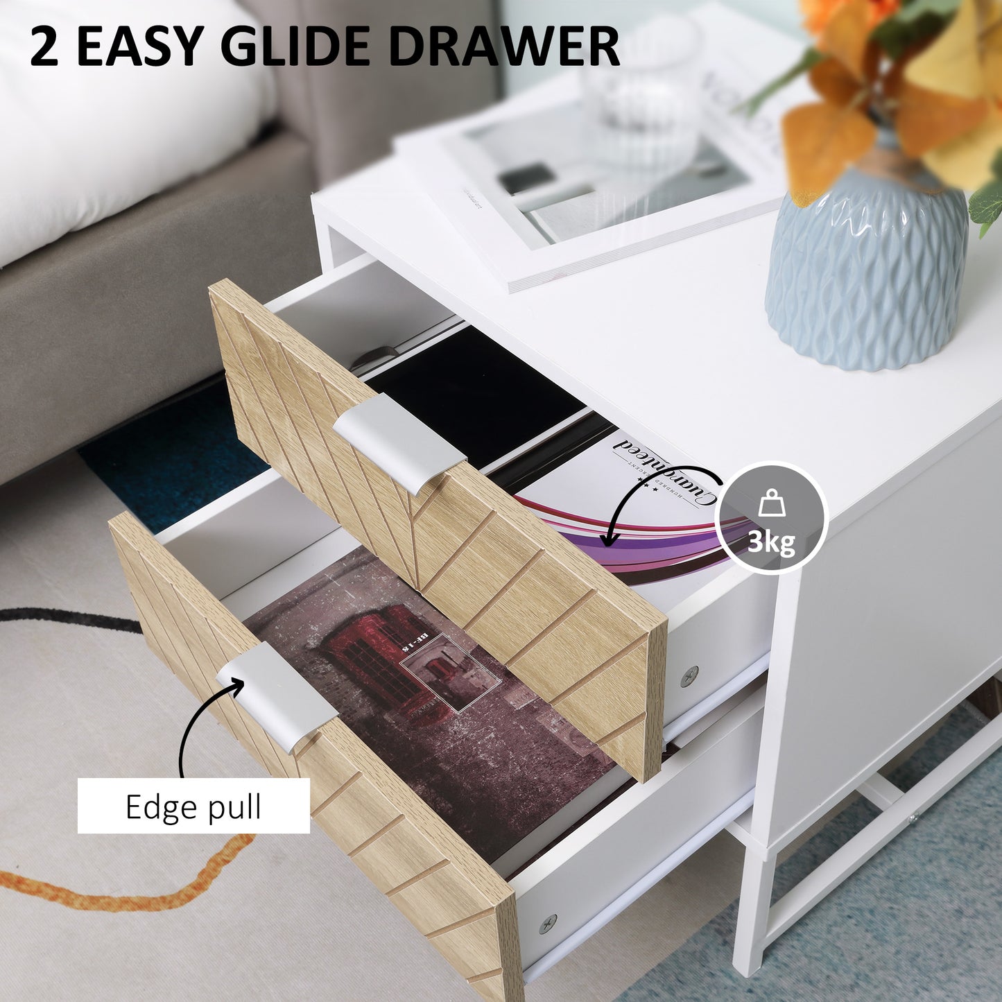 AI62 Decor2-Drawer Bedside Table with Metal Frame – White & Oak
