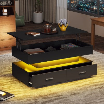 AI62 Decor Black Lift Top Coffee Table with LED Lights & Storage – 2 Drawers, Hydraulic Design
