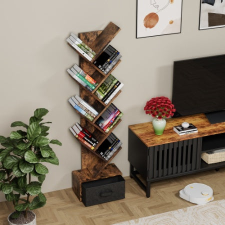 AI62 Decor 9-Tier Tree Bookshelf with Drawer for Living Room & Office