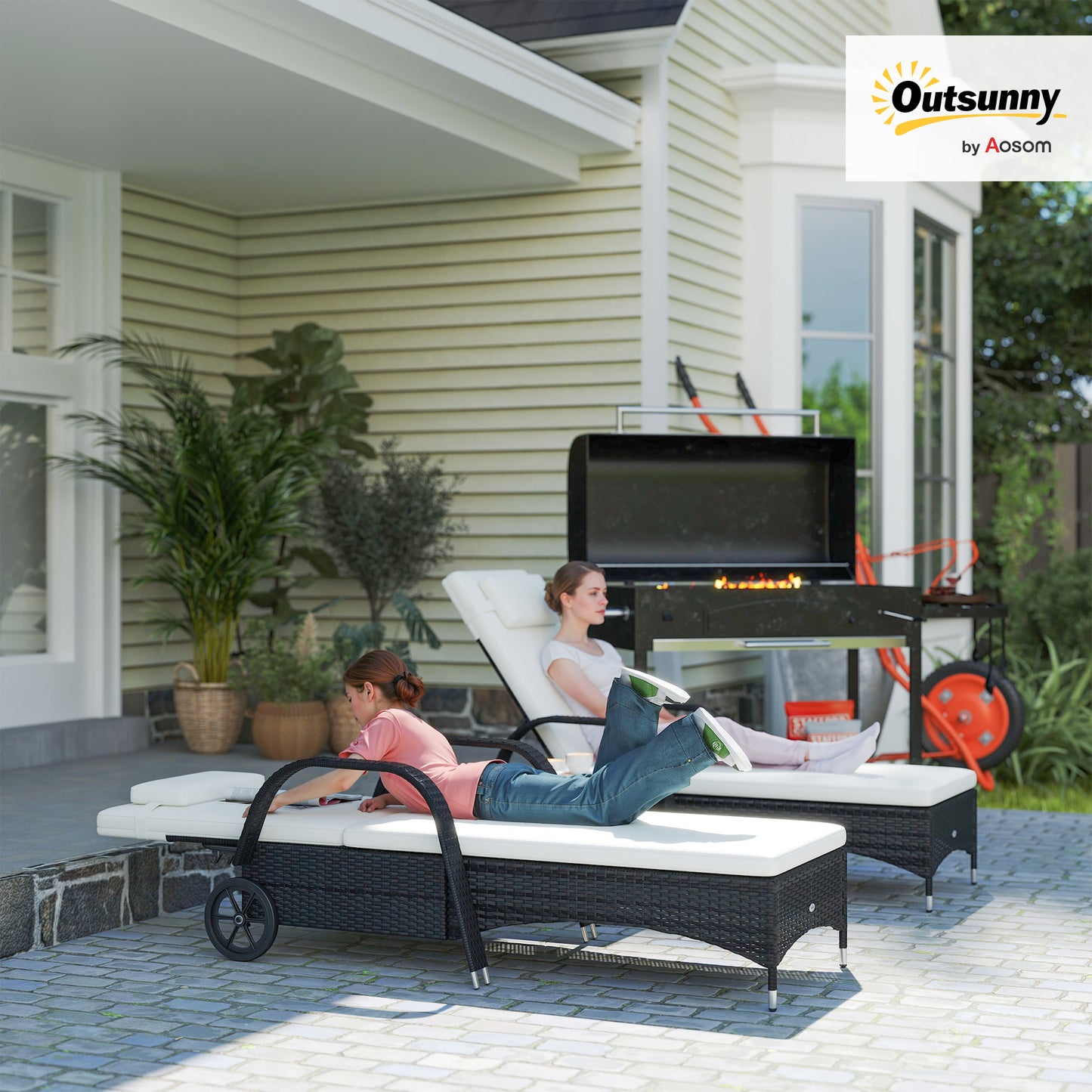 AI62 Decor 2 Seater Rattan Sun Lounger Set With Side Table Black