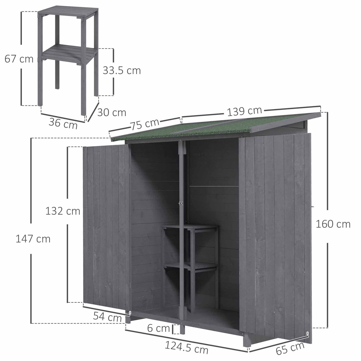 AI62 Decor Grey 139x75 Fir Wood Garden Shed with Asphalt Roof
