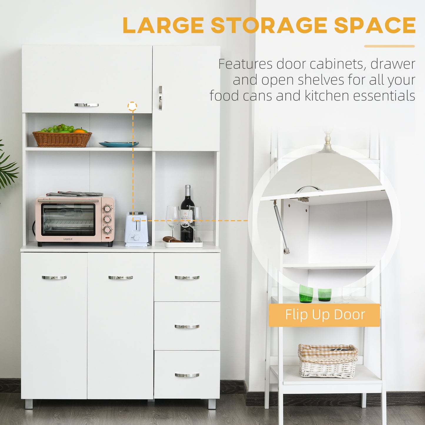 AI62 Decor 183cm White Kitchen Storage Cabinet with Countertop, Drawers & Doors