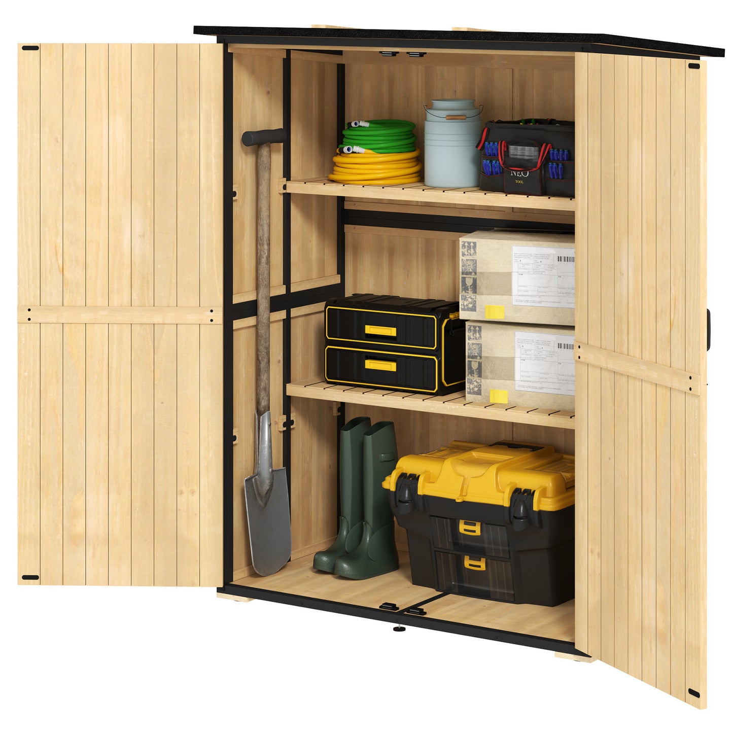 AI62 Decor Outdoor Wooden Storage Shed with Shelves and Lockable Doors
