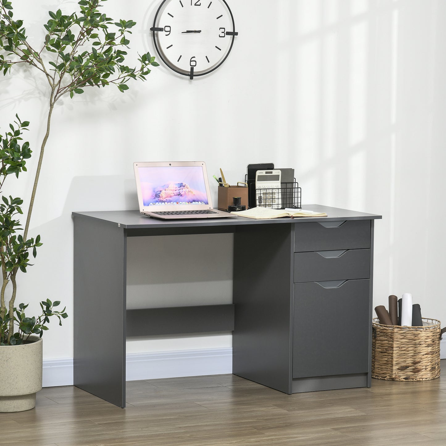 AI62 Decor Computer Desk With Drawers, High Gloss Home Office Desk With Storage Cabinet, Study Workstation, 120 X 60cm, Grey