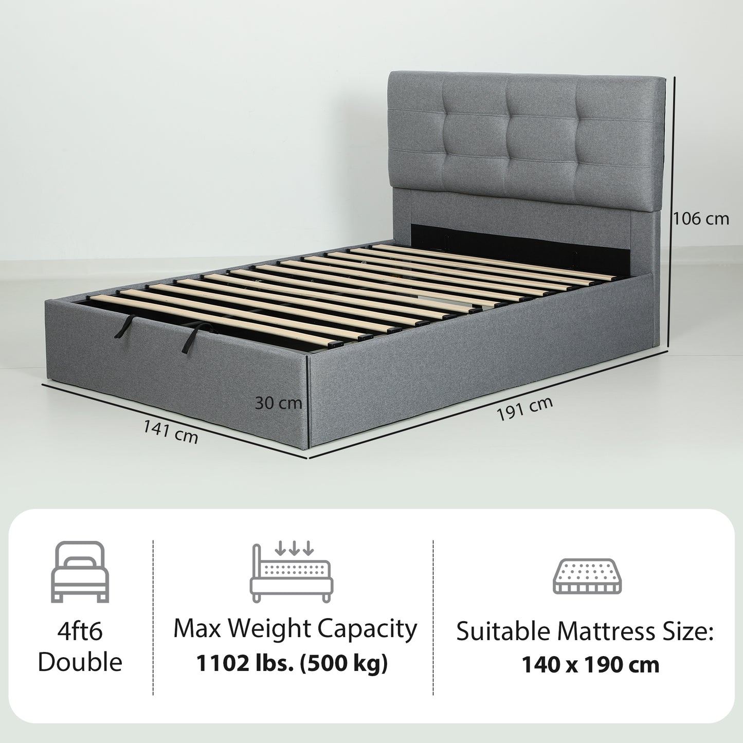 AI62 Decor 4ft6 Double Ottoman Bed With Gas Lift Storage - Grey