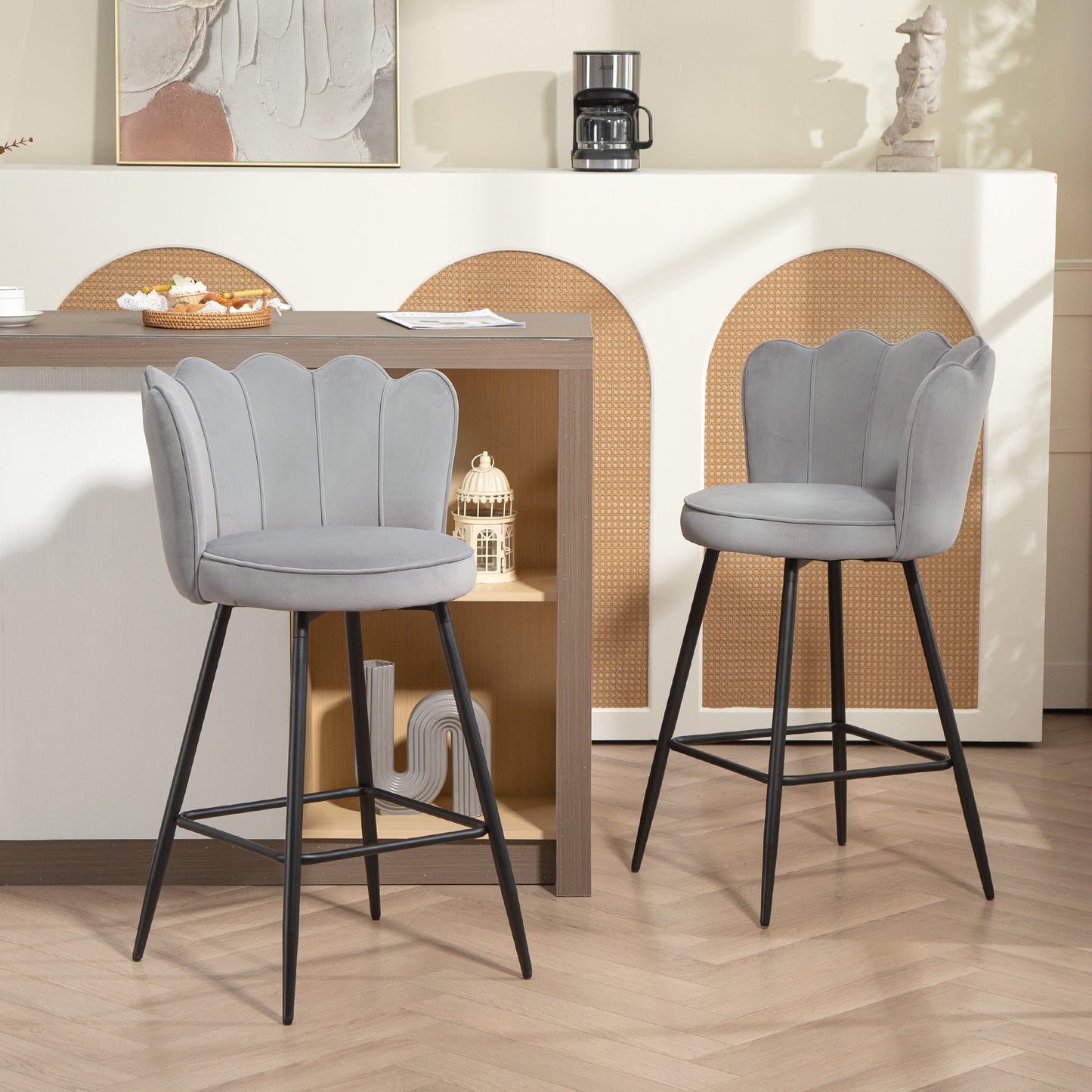 AI62 Decor Set Of Two Velvet-Feel Lotus Bar Stools - Grey