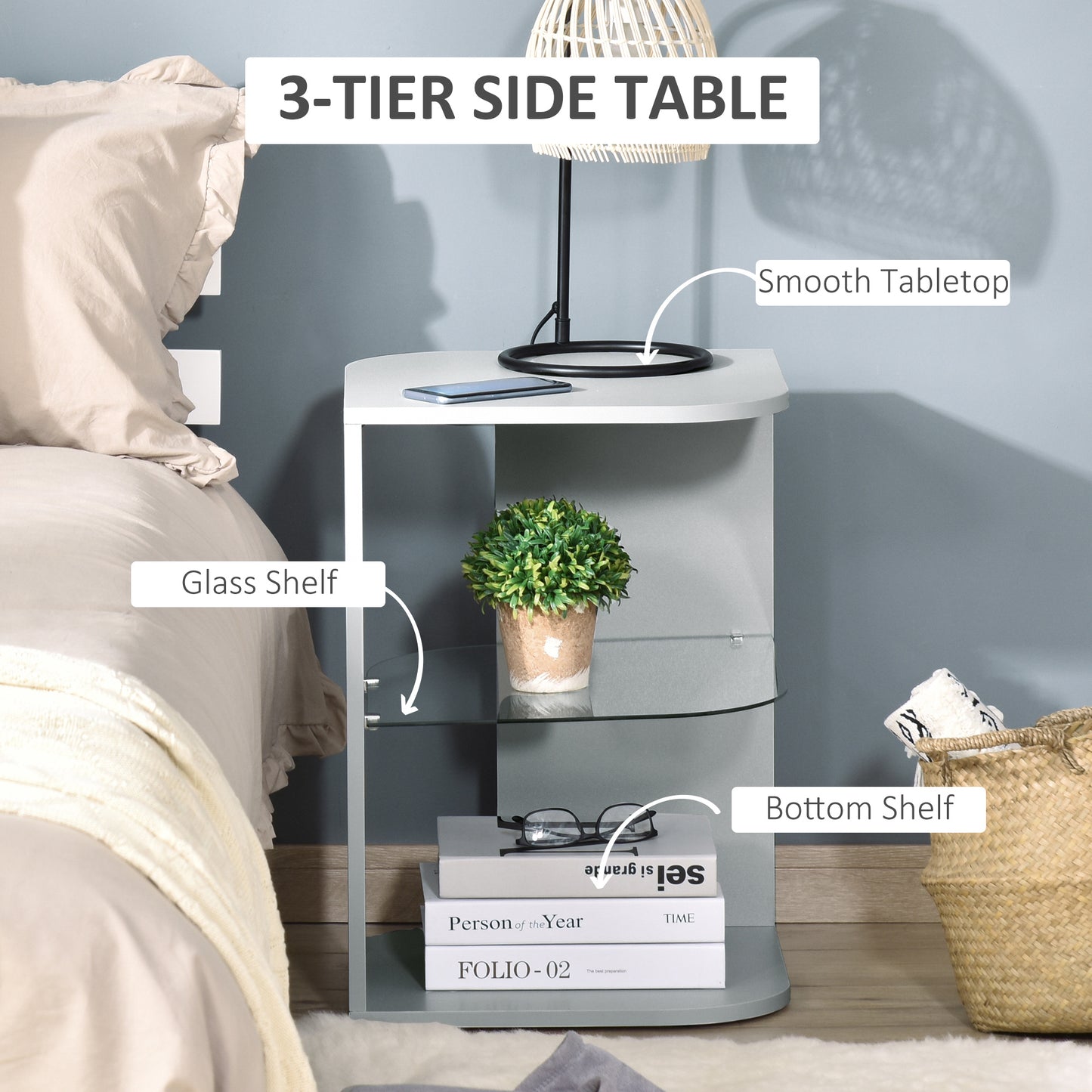 AI62 Decor Modern Nightstand with 2 Storage Shelves