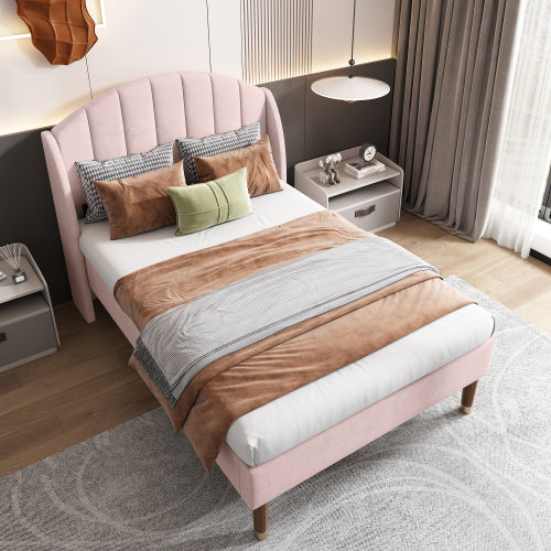 AI62 Decor Pink Velvet Single Bed with Slatted Frame & Headboard