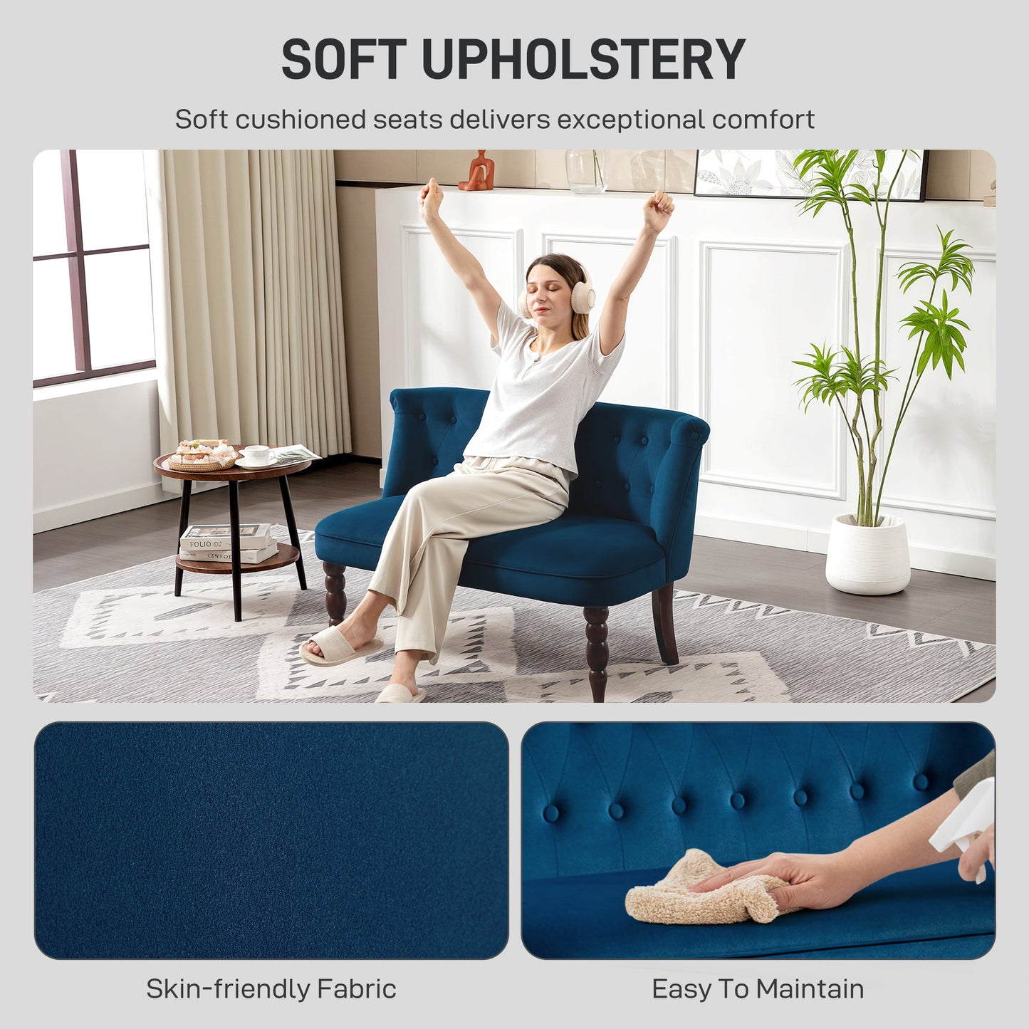 AI62 Decor Velvet 2-Seater Button Tufted Wingback Sofa – Dark Blue