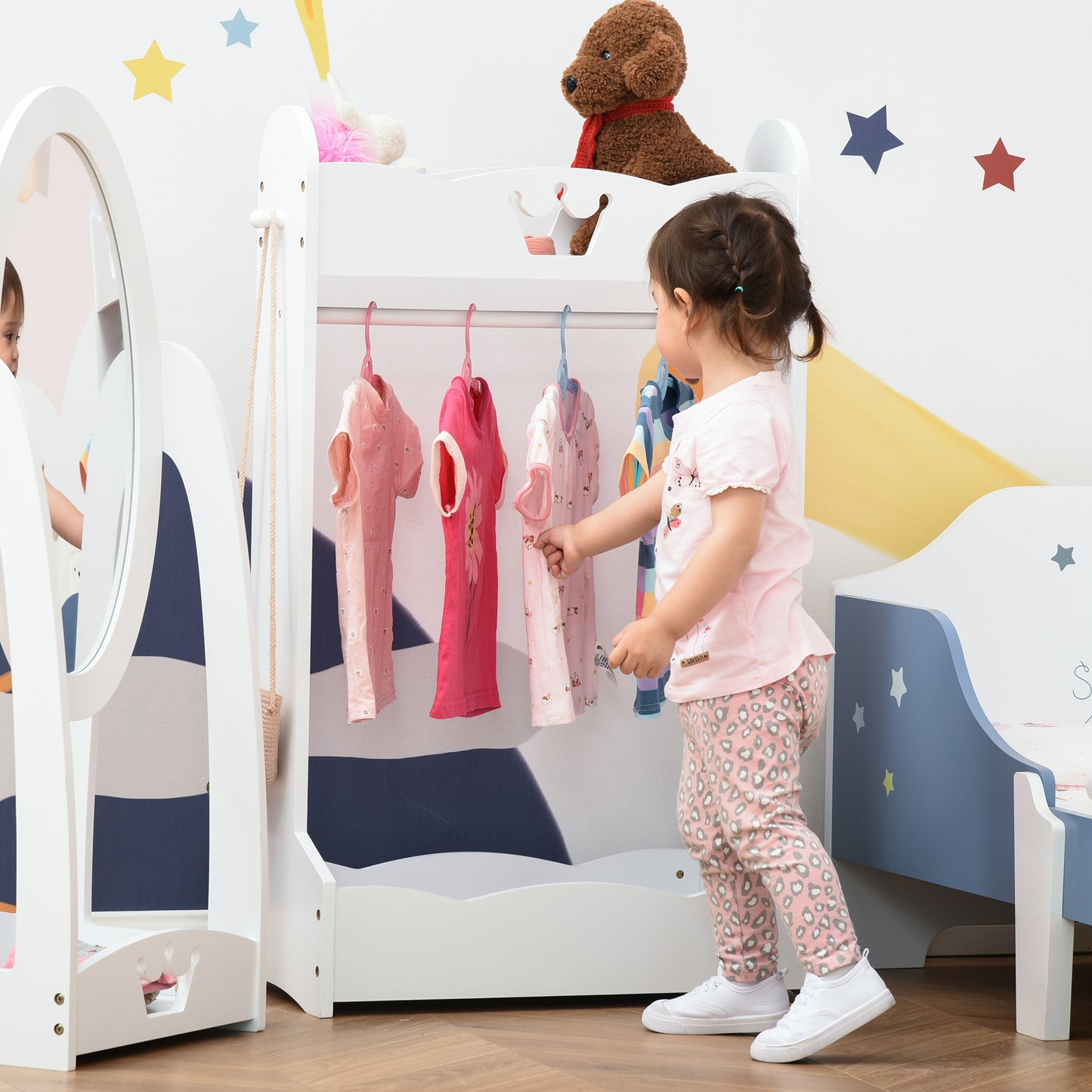 AI62 Decor  Kids Wooden Clothes Rack with Shelves – Freestanding Wardrobe, White