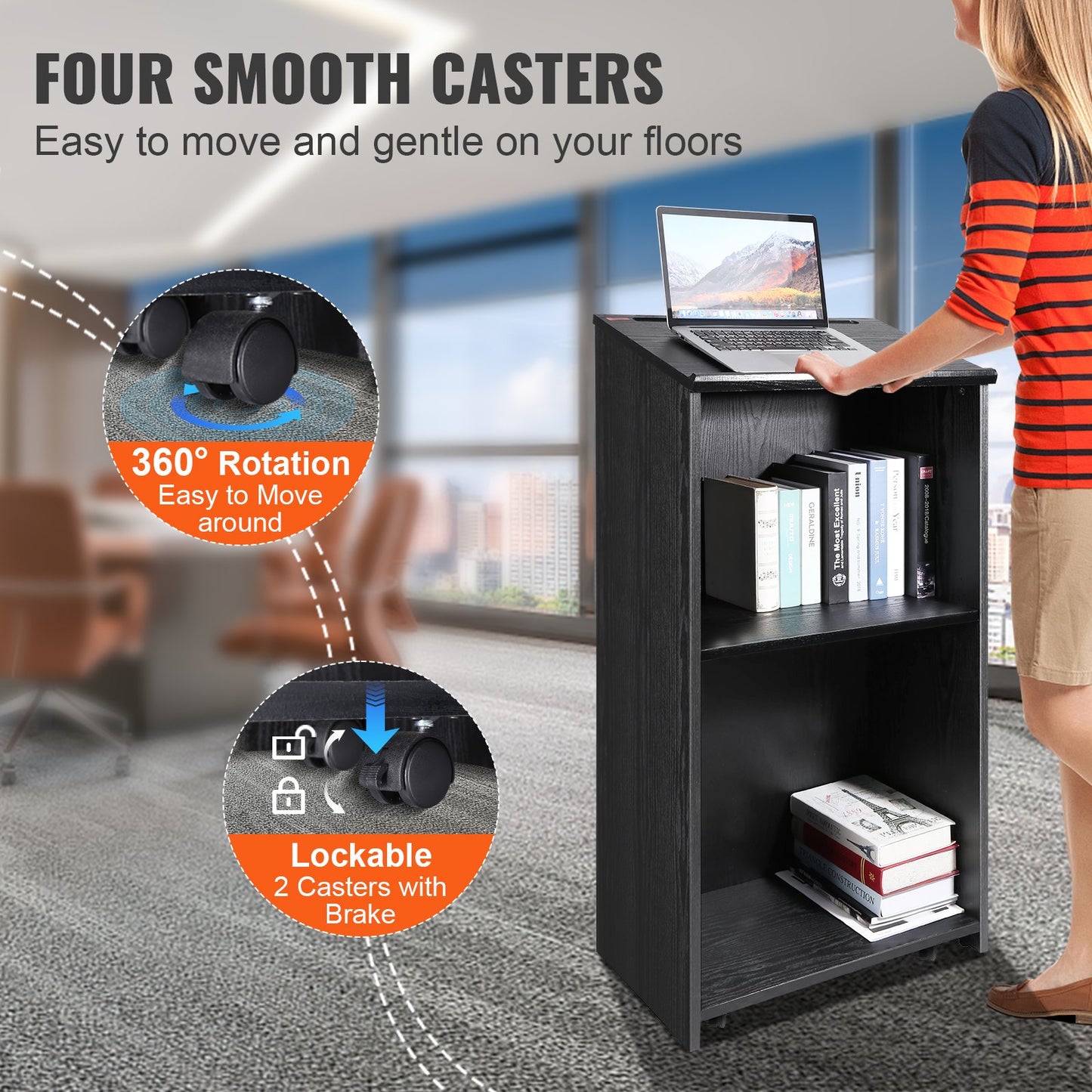 AI62 Decor Wooden Podium with Slant Desktop & Rolling Wheels