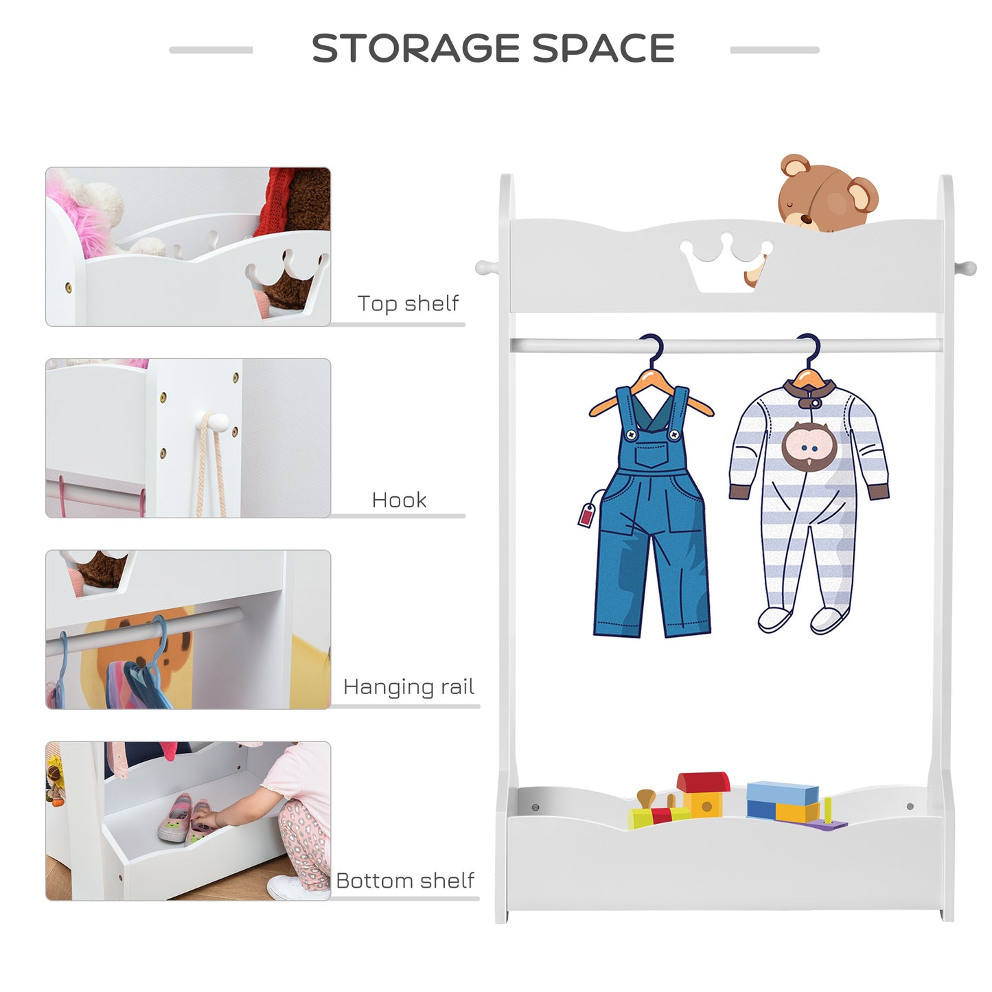 AI62 Decor  Kids Wooden Clothes Rack with Shelves – Freestanding Wardrobe, White