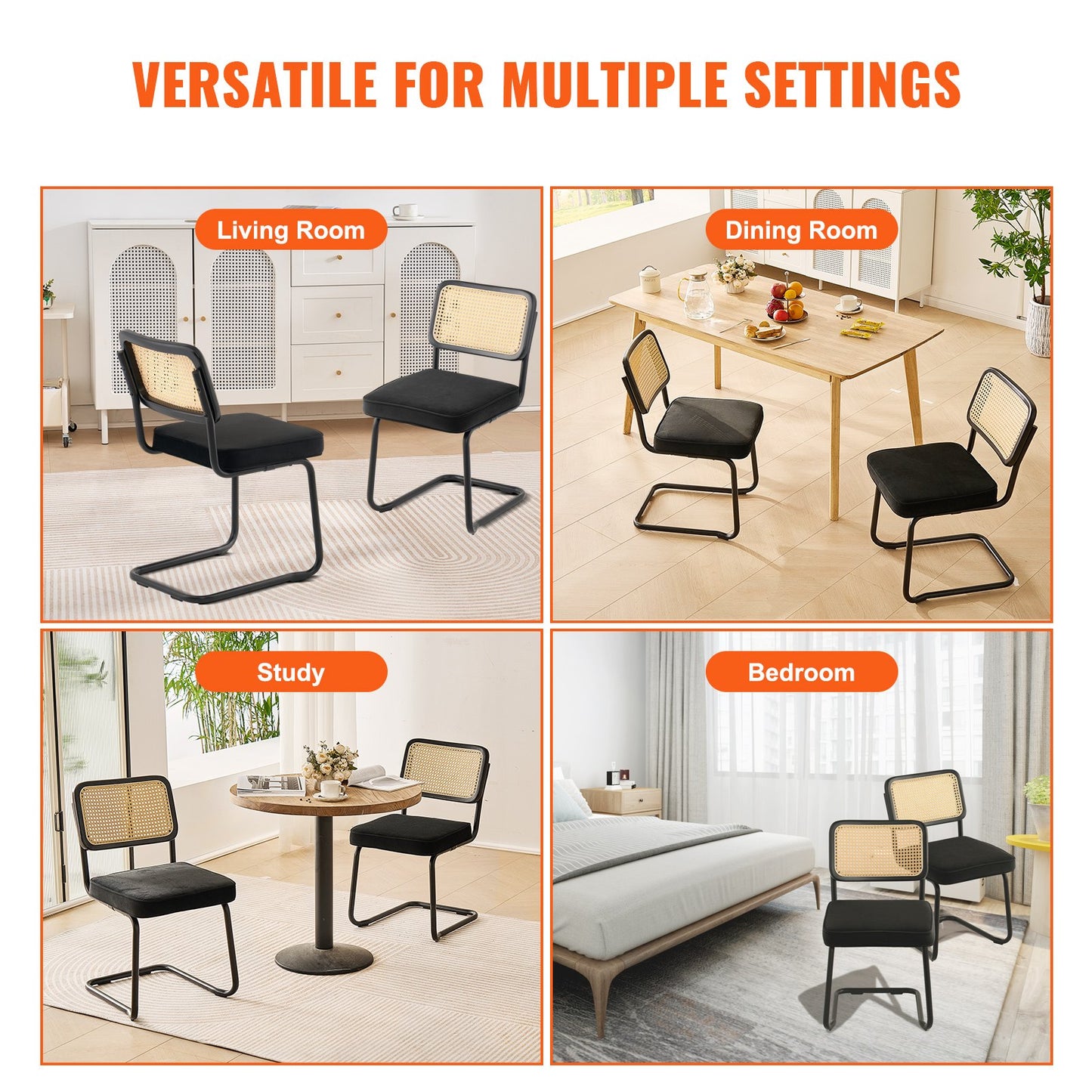 AI62 Decor Set of 2 Rattan Velvet Dining Chairs – Black