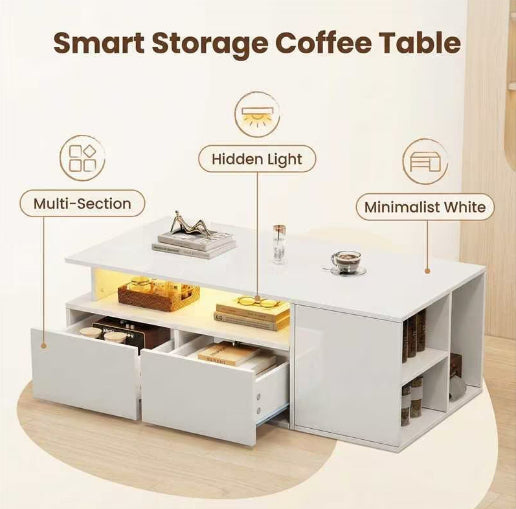 AI62 Decor High Gloss LED Coffee Table with Storage, 100×50×35 cm, White
