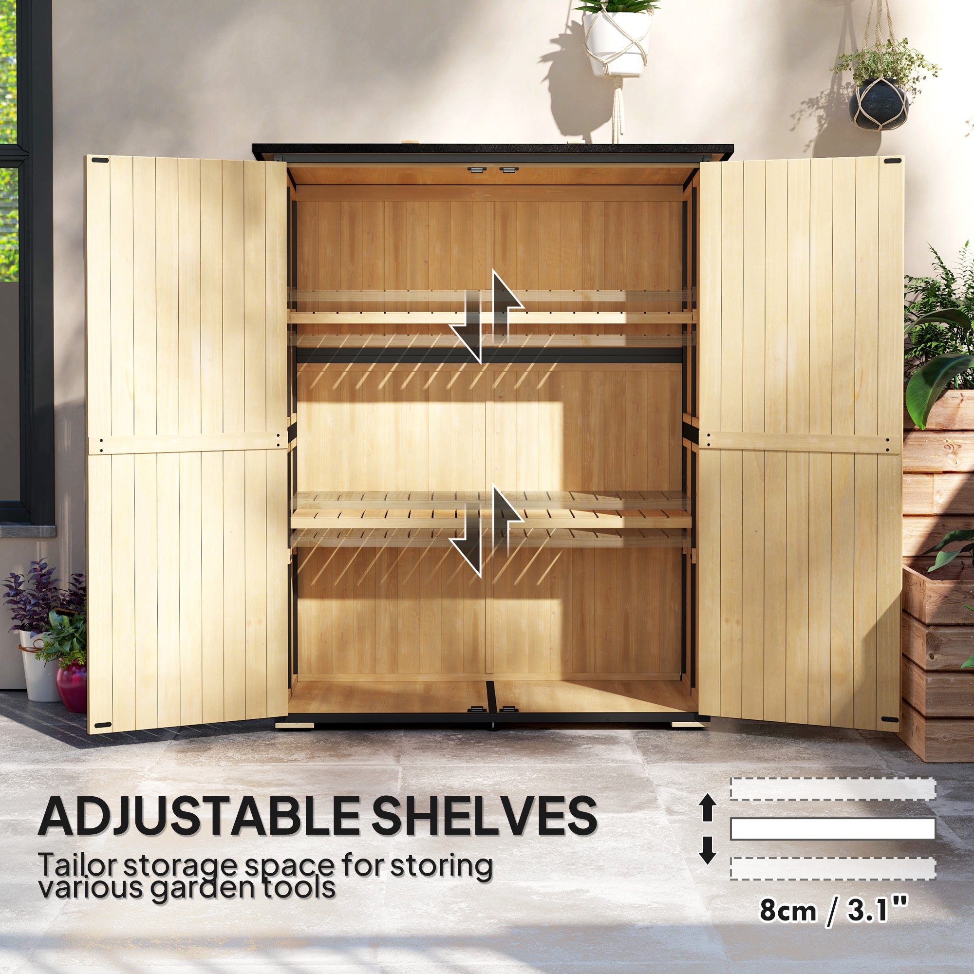 Outdoor Wooden Storage Shed with Shelves and Lockable Doors AI62Decor