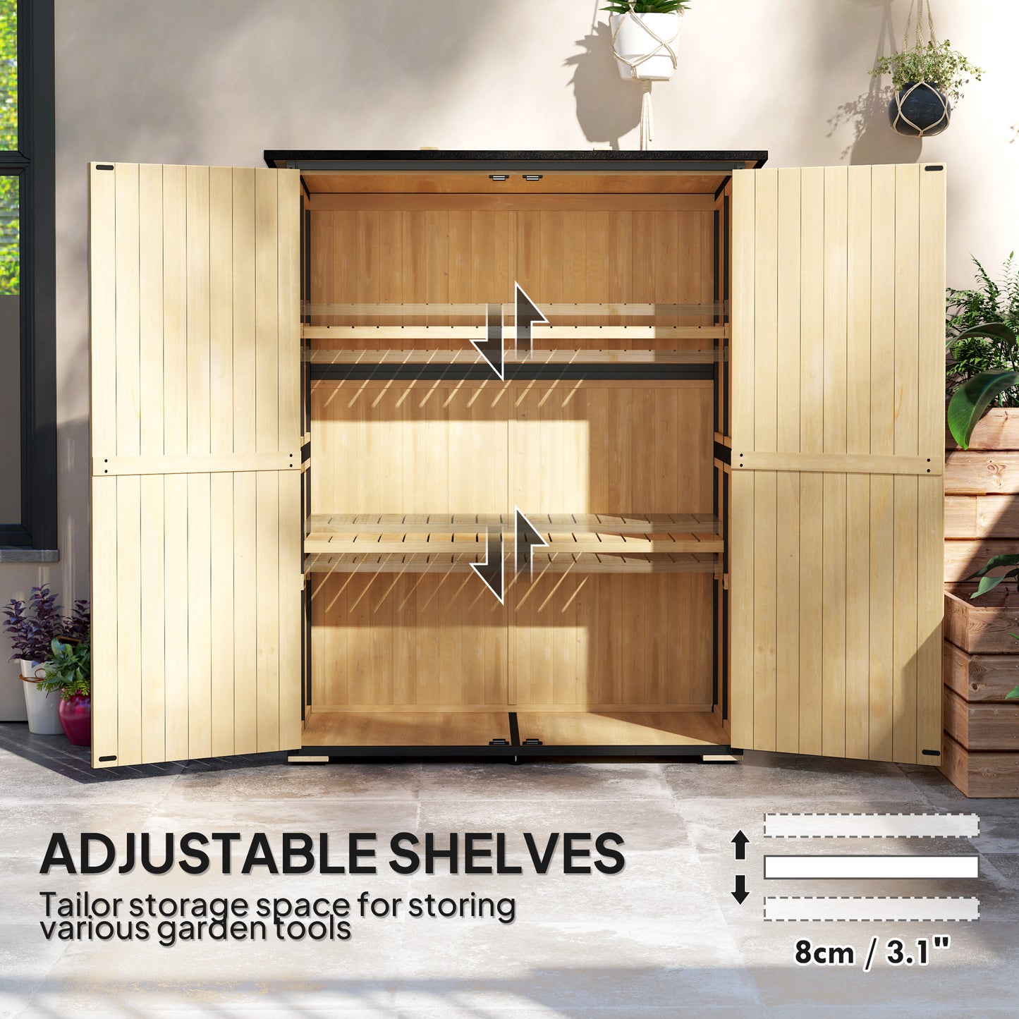AI62 Decor Outdoor Wooden Storage Shed with Shelves and Lockable Doors