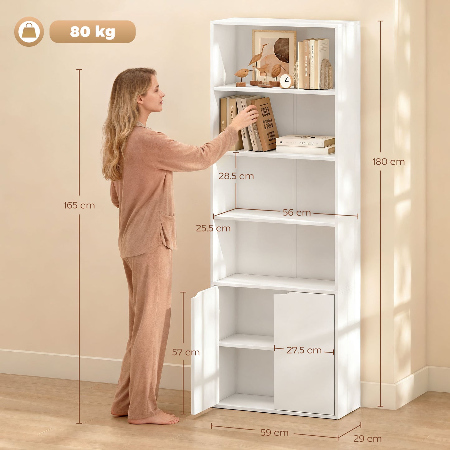 AI62 Decor 6-Tier White Bookcase with Shelves & Cabinet, 59x29x180cm