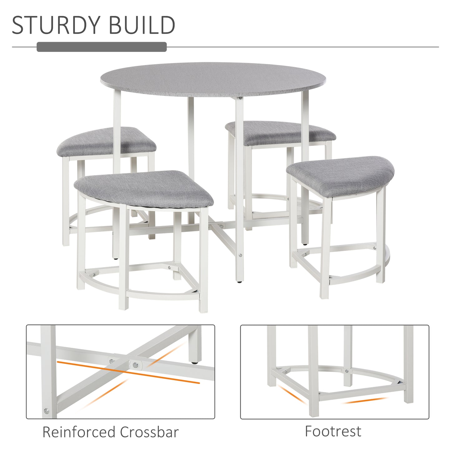 AI62 Decor Modern Round Dining Table Set with 4 Upholstered Stools – Grey