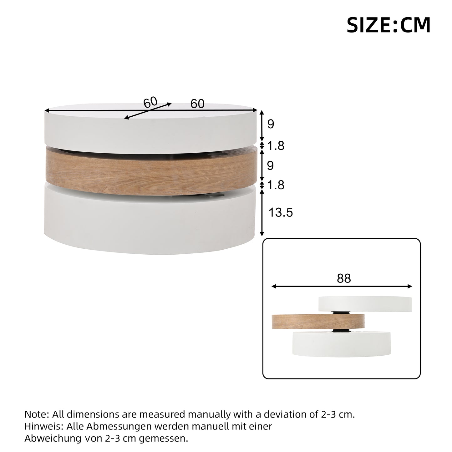 AI62 Decor Round 3-Tier Rotating Coffee Table with Storag
