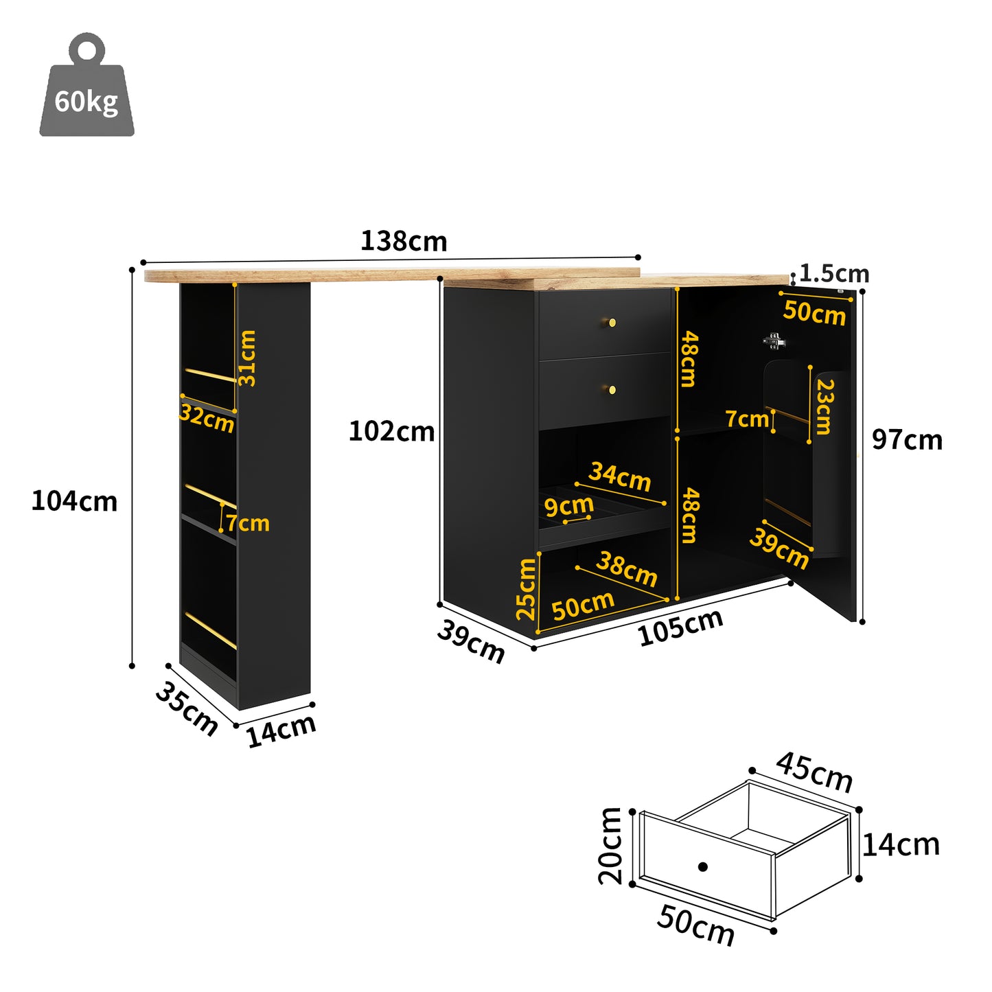 AI62 Decor Swivelling Bar Table with 2 Drawers & Open Storage