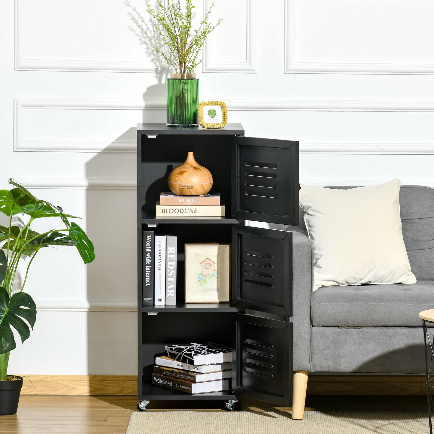 AI62 Decor Black 3-Tier Rolling Storage Cabinet with Metal Doors