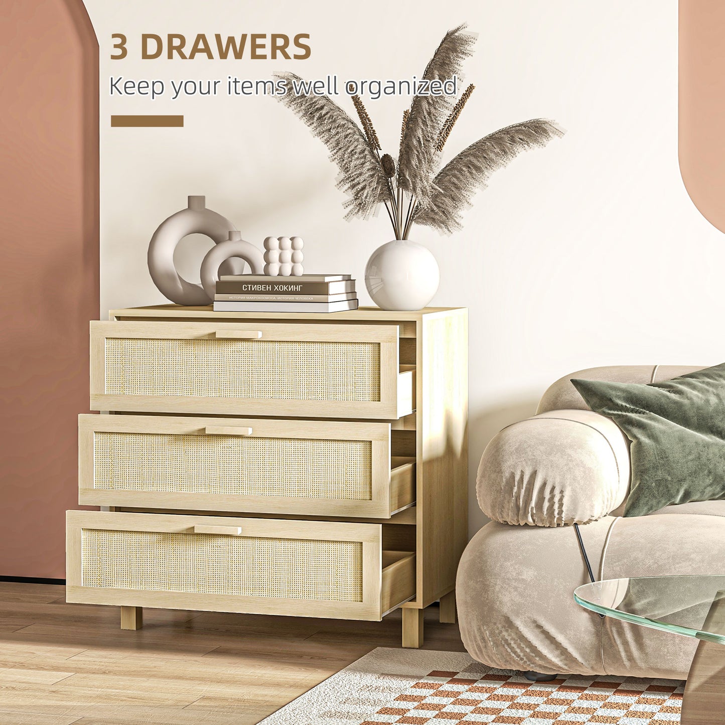 AI62 Decor Rattan 3-Drawer Chest, Boho Storage Dresser, Natural