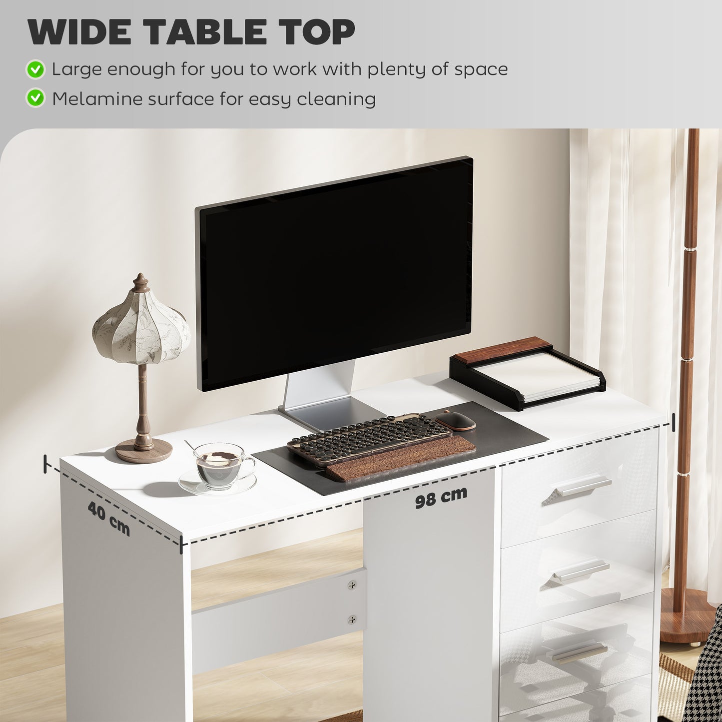 AI62 Decor High Gloss Computer Desk with Drawers, White