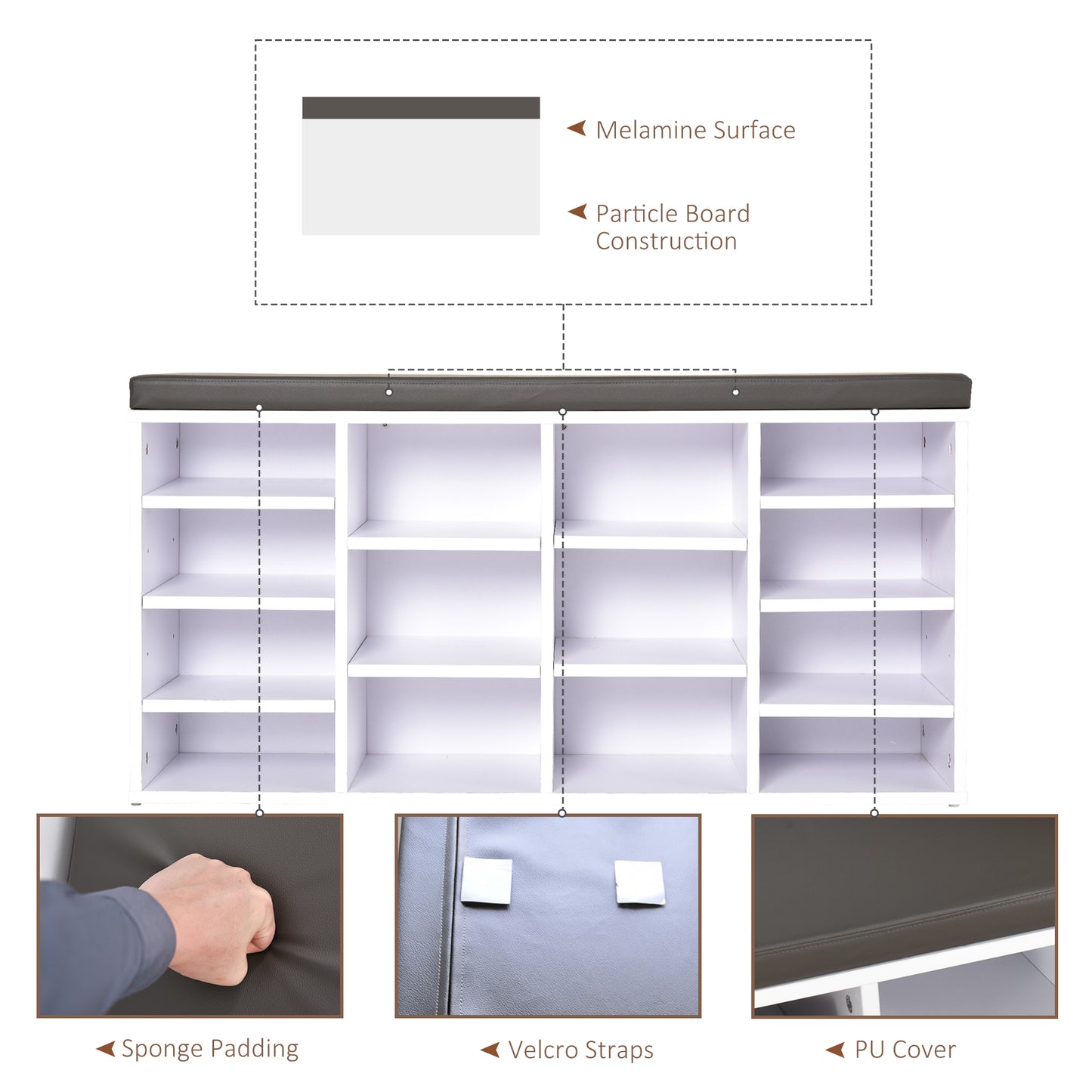 AI62 Decor 14-Compartment Shoe Rack with Cushion & Solid Frame – White