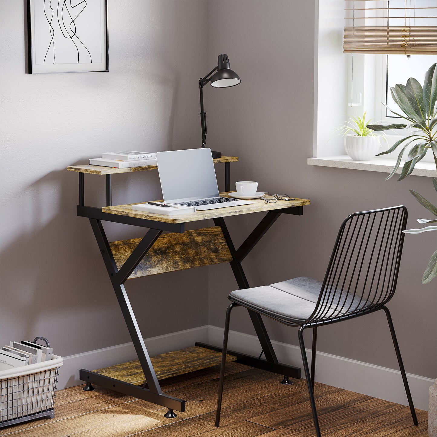 AI62 Decor  Compact Home Office Desk, Rustic Brown with Monitor Stand