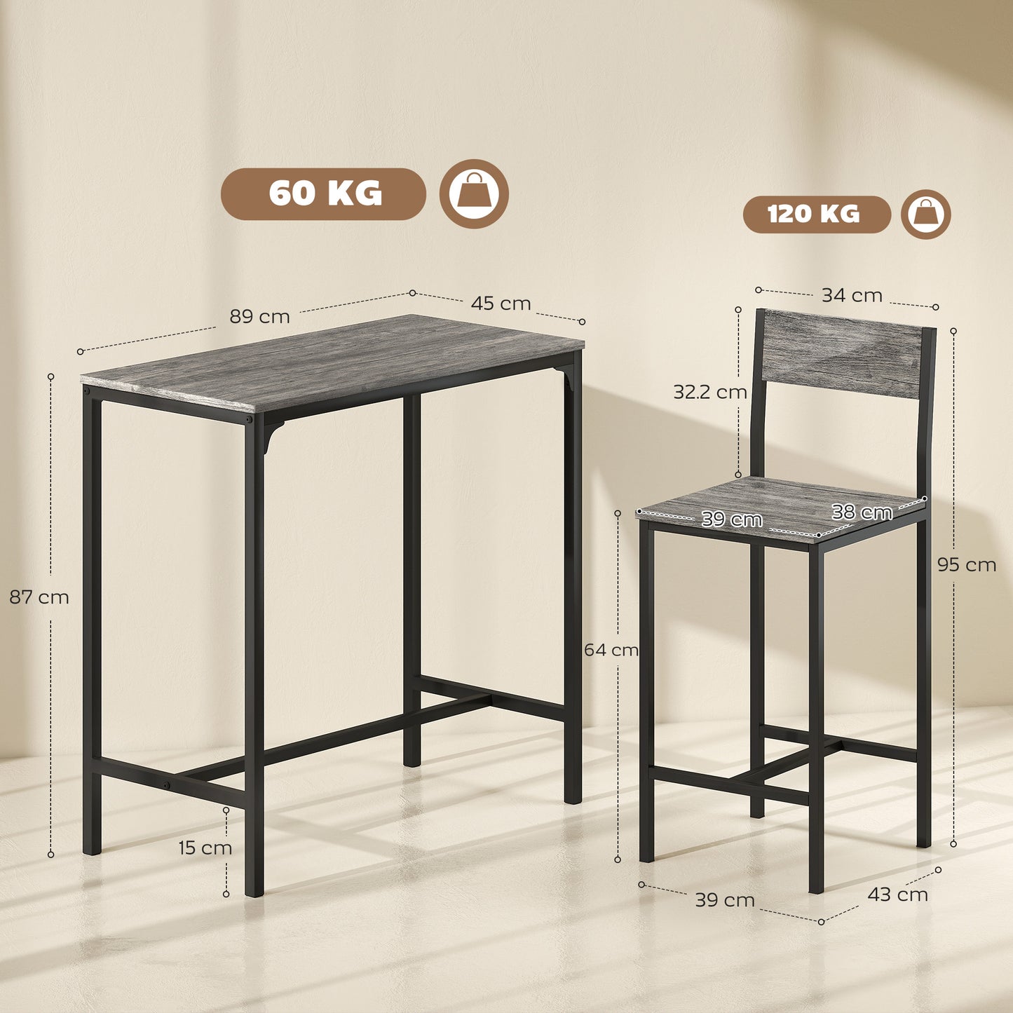 AI62 Decor 3-Piece Industrial Bar Table Set with 2 Stools