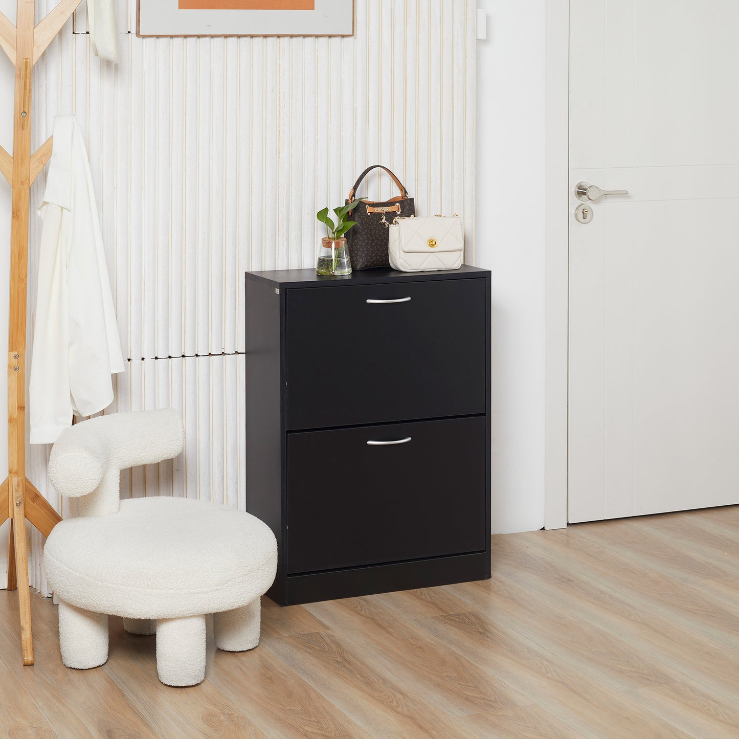 AI62 Decor 2-Drawer Narrow Shoe Cabinet with Flip Doors – Black