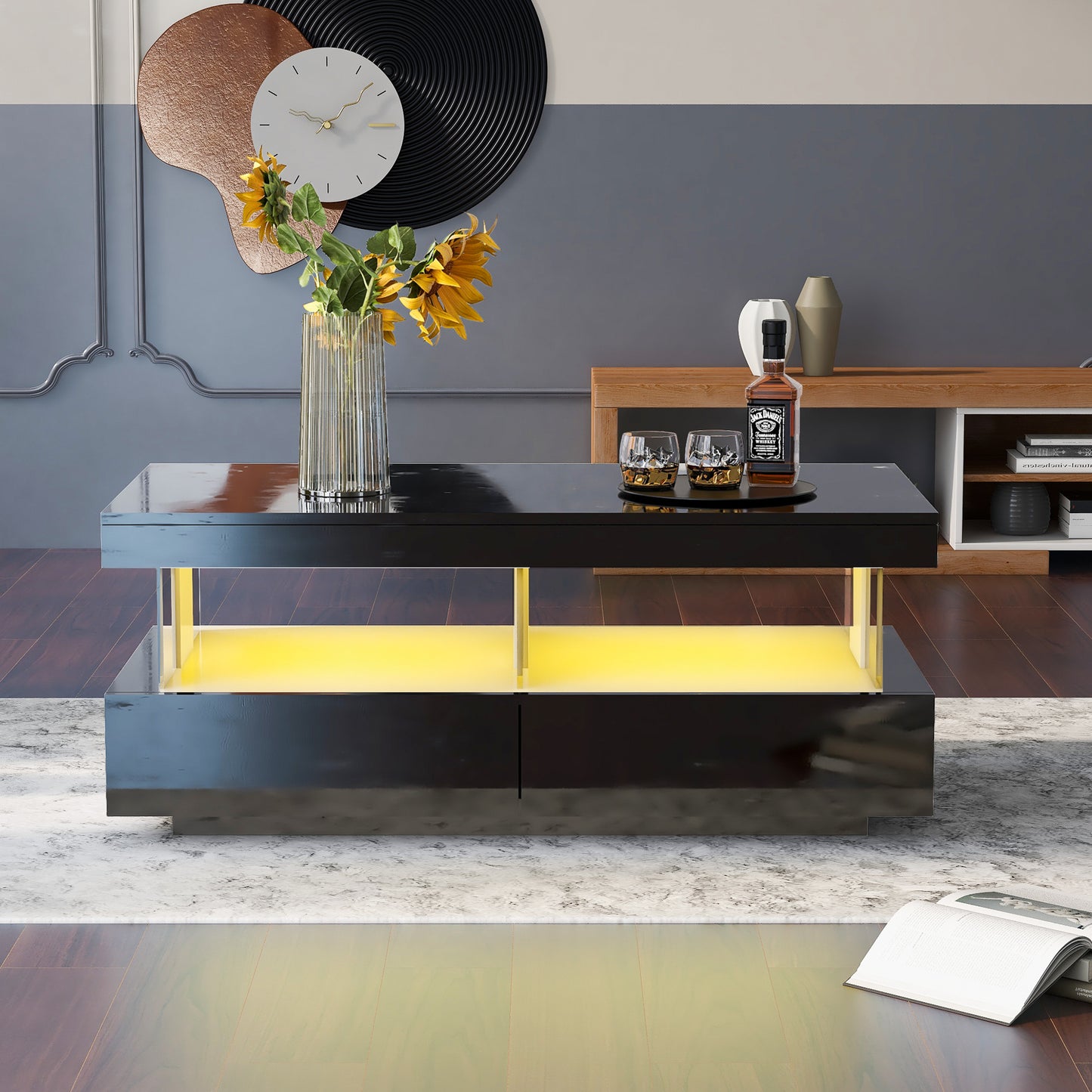 AI62 Decor High-Gloss Black Coffee Table with 2 Drawers