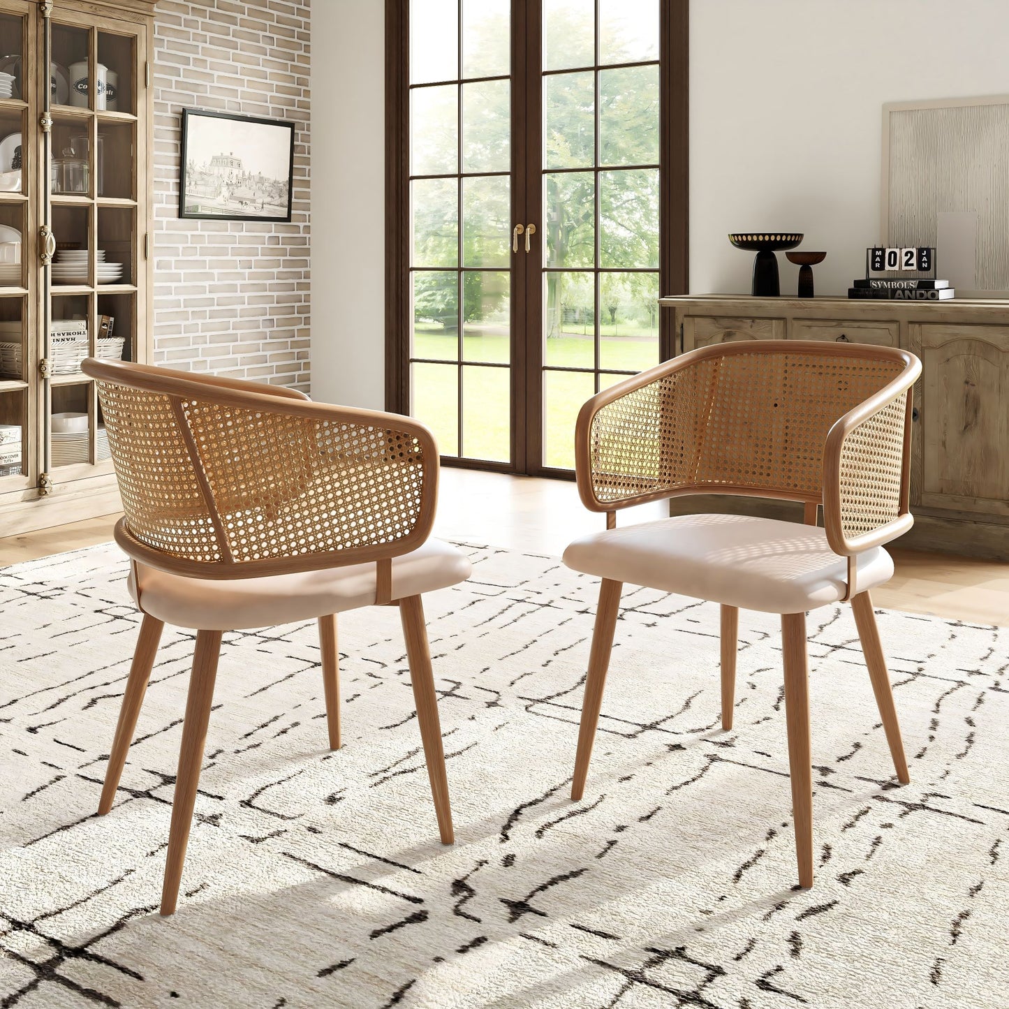 AI62 Decor Set of 2 Modern Dining Chairs with Rattan Back & PU Leather Seat – Beige