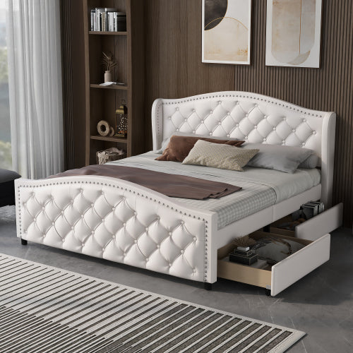 AI62 Decor Upholstered 135x190cm Bed with Drawers & Riveted Headboard – White