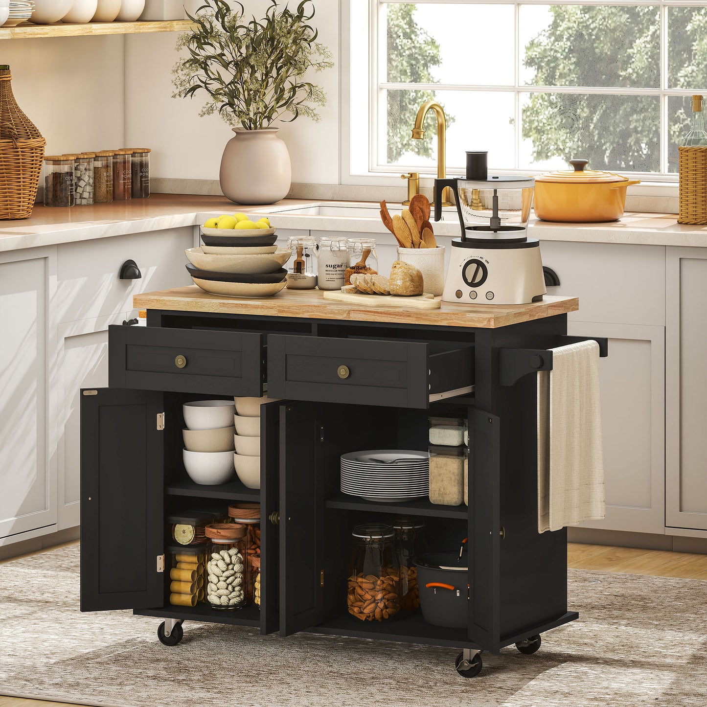 AI62 Decor Rolling Kitchen Island Cart with Rubberwood Top & Drawers, Black