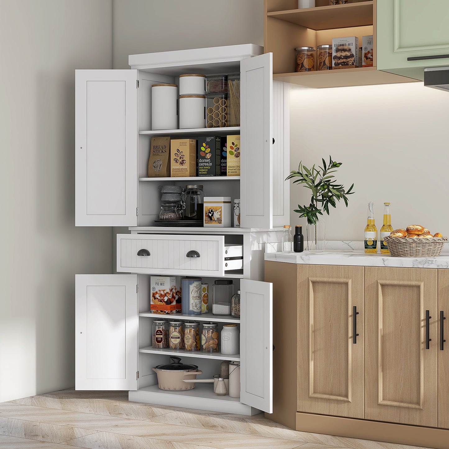 AI62 Decor Kitchen Storage Cabinet With Drawer And Adjustable Shelves - White