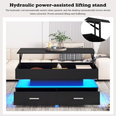 AI62 Decor Black Lift Top Coffee Table with LED Lights & Storage – 2 Drawers, Hydraulic Design