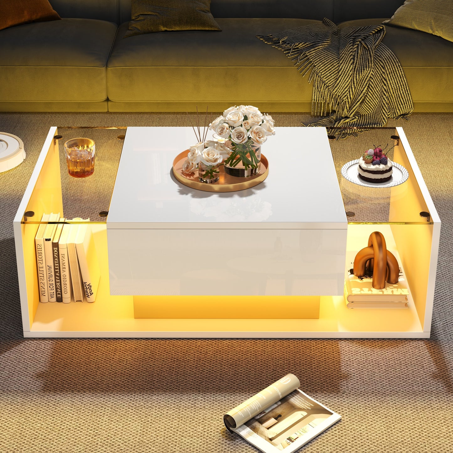 AI62 Decor LED High Gloss Coffee Table with Glass Top & Storage