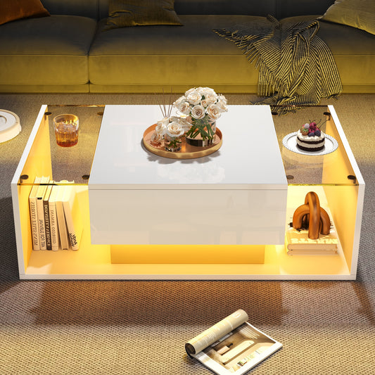 AI62 Decor LED High Gloss Coffee Table with Glass Top & Storage