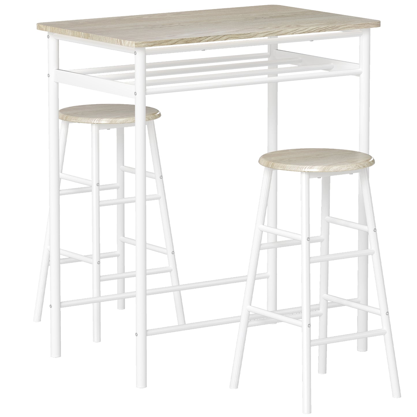 AI62 Decor Bar Table & Stools Set with Footrest & Shelf – White & Oak